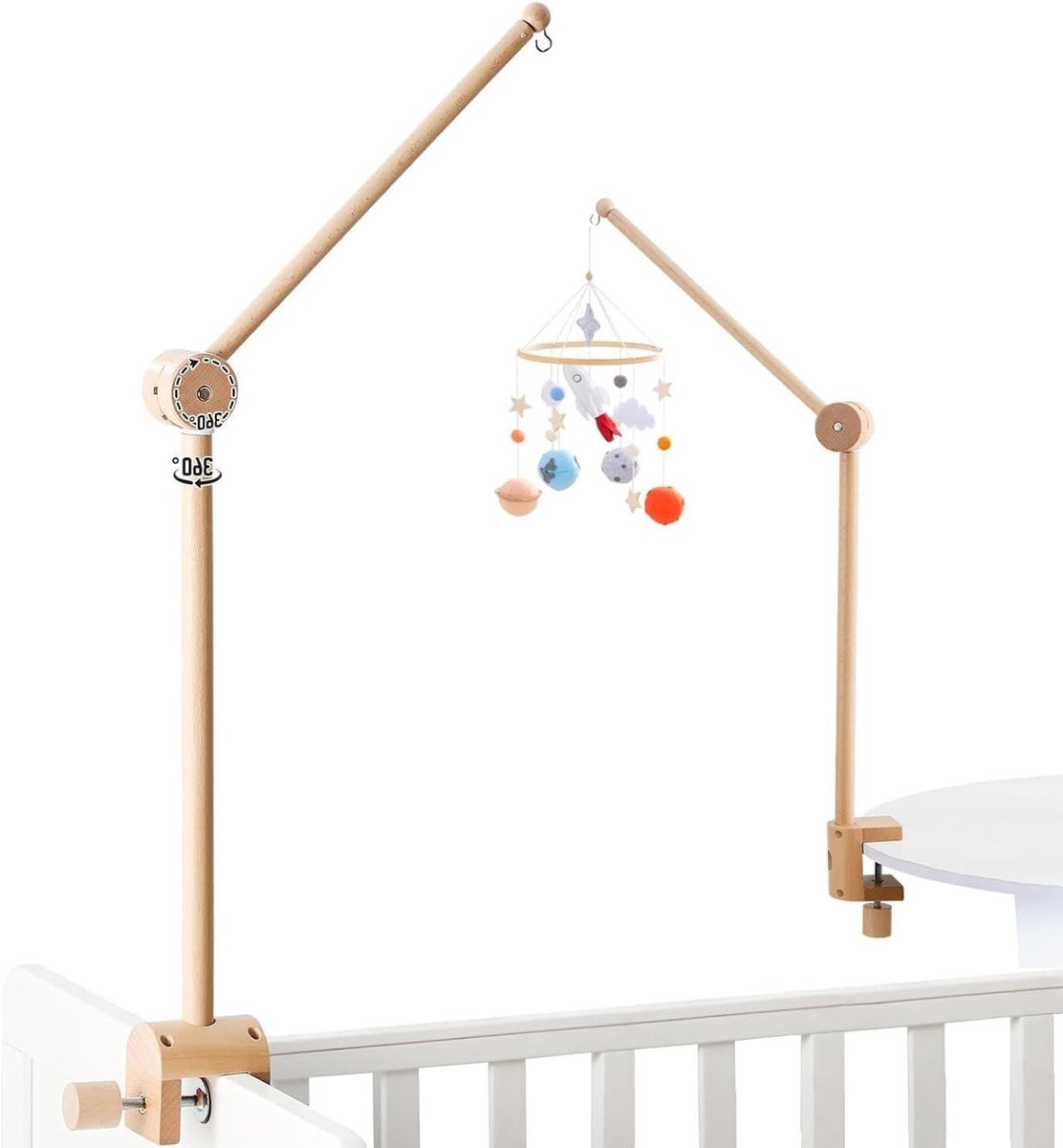 Baby Mobiel Houder - Babybed Accessoire - Babykamer Decoratie - 360° Draaibaar - 71 cm Hoog - Houtkleur