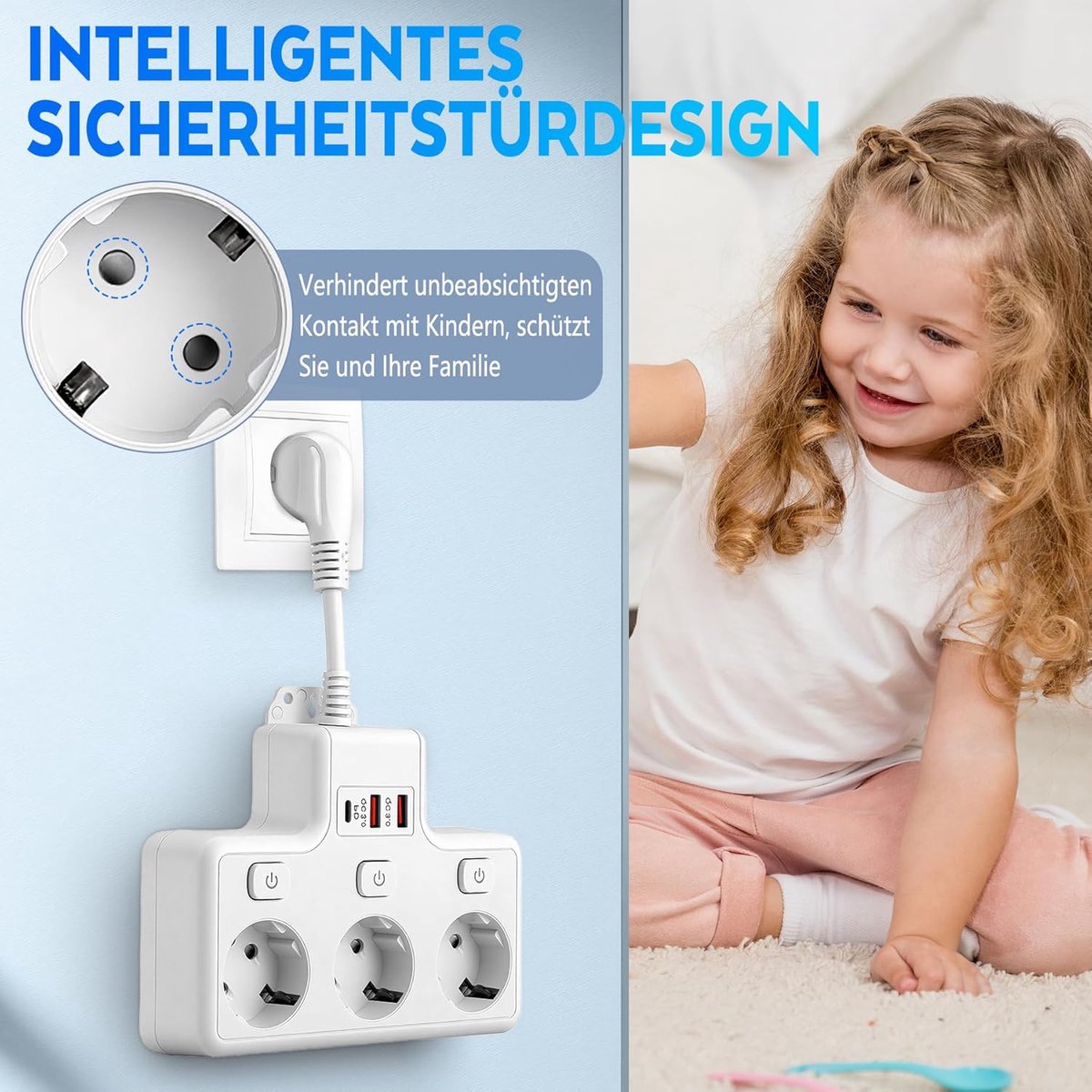 SnelShoppen - 3-voudige verdelerstopcontact met USB (PD 18-20 W) - 6-in-1 stekkerdoos, meervoudige stekkeradapter met 3 onafhankelijke schakeldozen vo