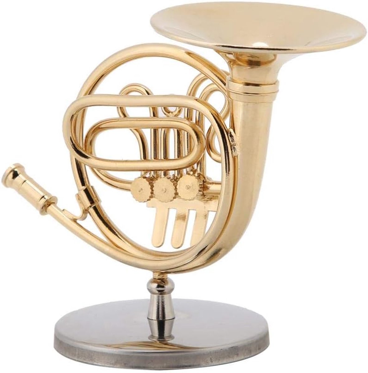 SnelShoppen - Miniatuur Koperen Boshoorn 10,2 cm - Miniatuur Replica van Gouden Boshoorn met Stand - Instrument Model, Ornamenten, Kerstcadeaus