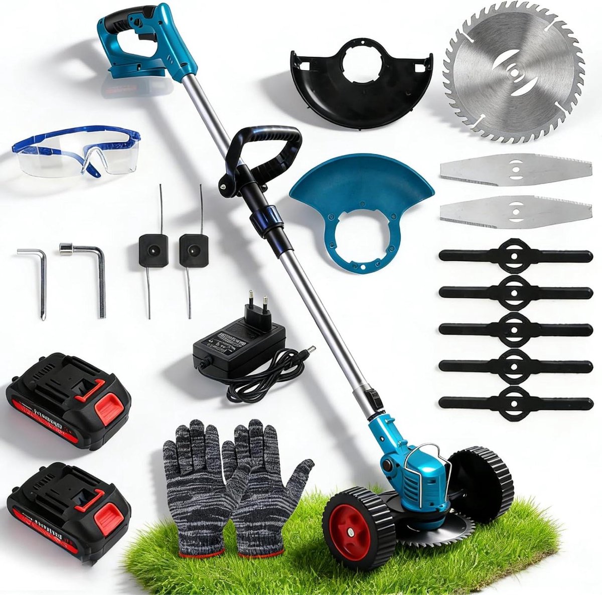 Accu Grastrimmer - Bosmaaier Elektrisch - Gazon Onderhoud - Verstelbare Telescoopsteel - 2 Batterijen - Blauw