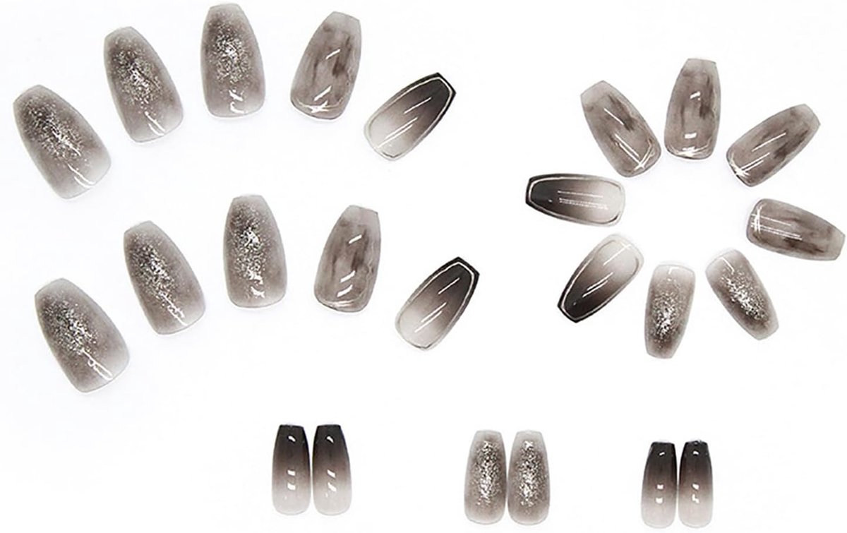 SnelShoppen - Press On Nails Set van 24 Amandelvormige Korte Franse Nagels met 3D Zwarte Gradiënt Accenten, Kunstnagels van Zacht Gel, Korte Nageltips