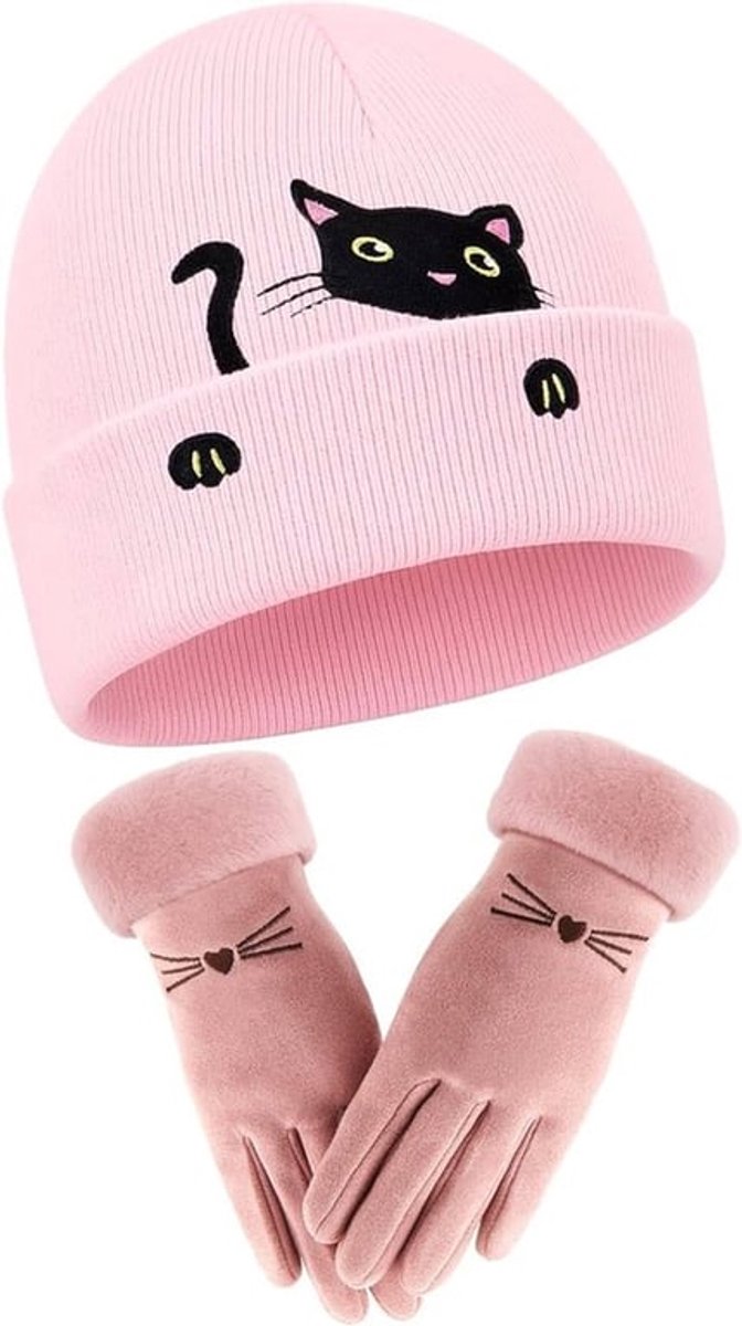 Vrouwelijke Wintermuts met Kattenoren en Warme Handschoenen, Gebreide Muts en Haaknaalden voor Kerst en Valentijnsdag, Perfect voor Koudere Dagen