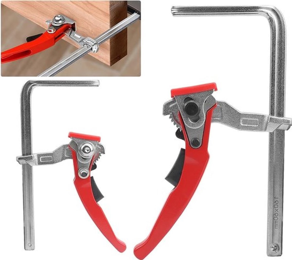 Set van 2 stalen tafelclips met hefboom, snelontgrendeling, 160 mm capaciteit en 60 mm diepte voor slijpen en snijden van materialen