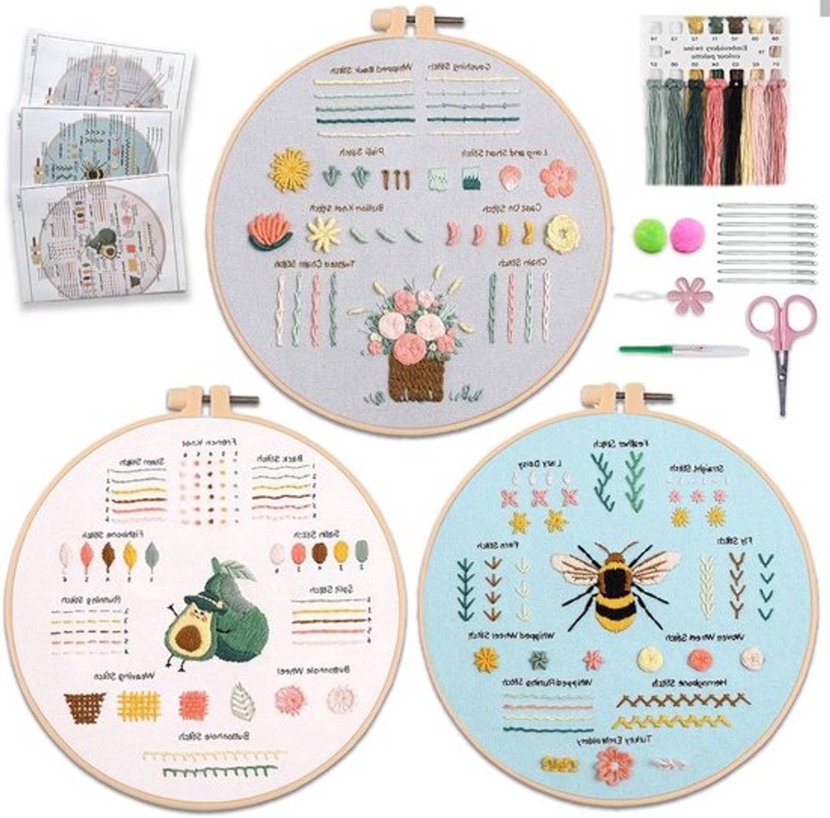 Handborduurset voor beginners - 3 complete kits met 28 steken, stof met prints, garen, naalden, borduurring en video-instructies