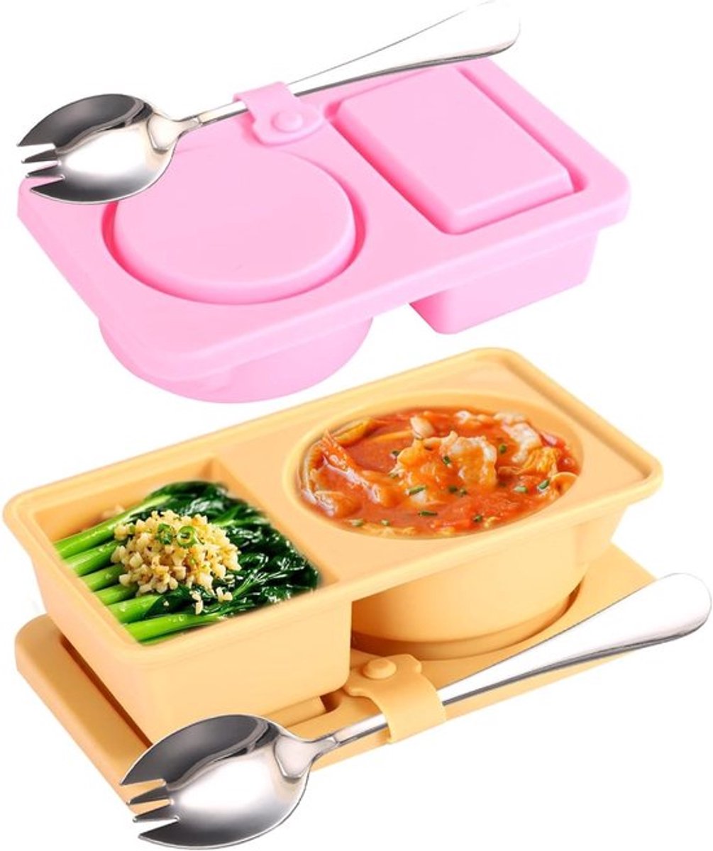Herbruikbare Snackcontainers met 2 Lepels - Siliconen Snackbakjes met Twee Compartimenten voor Picknicks, Kantoor en Reizen