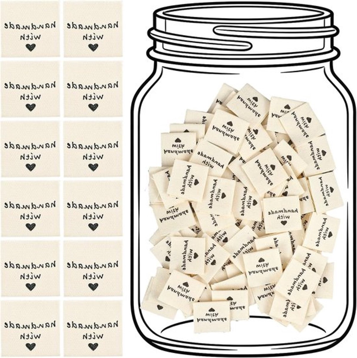150 stuks handgemaakte labels voor kleding en handgemaakte items, geweven labels met hartpatroon voor DIY projecten zoals breien en haken
