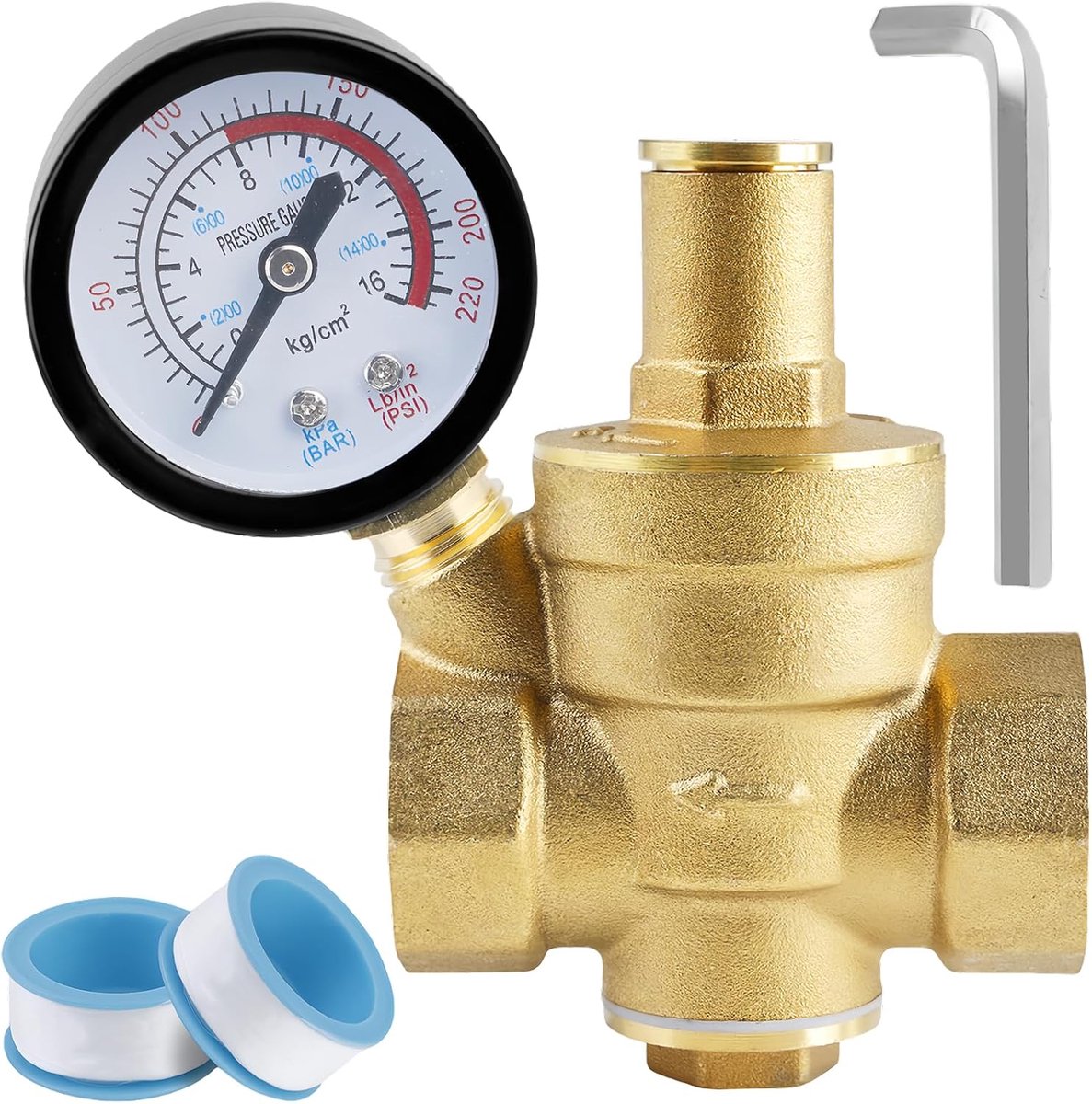 SnelShoppen - Messing Waterdrukregelaar met Drukmeter en Afstelgereedschap, Verstelbare Waterdrukregelaar voor Drinkwater, 1.6 MPA
