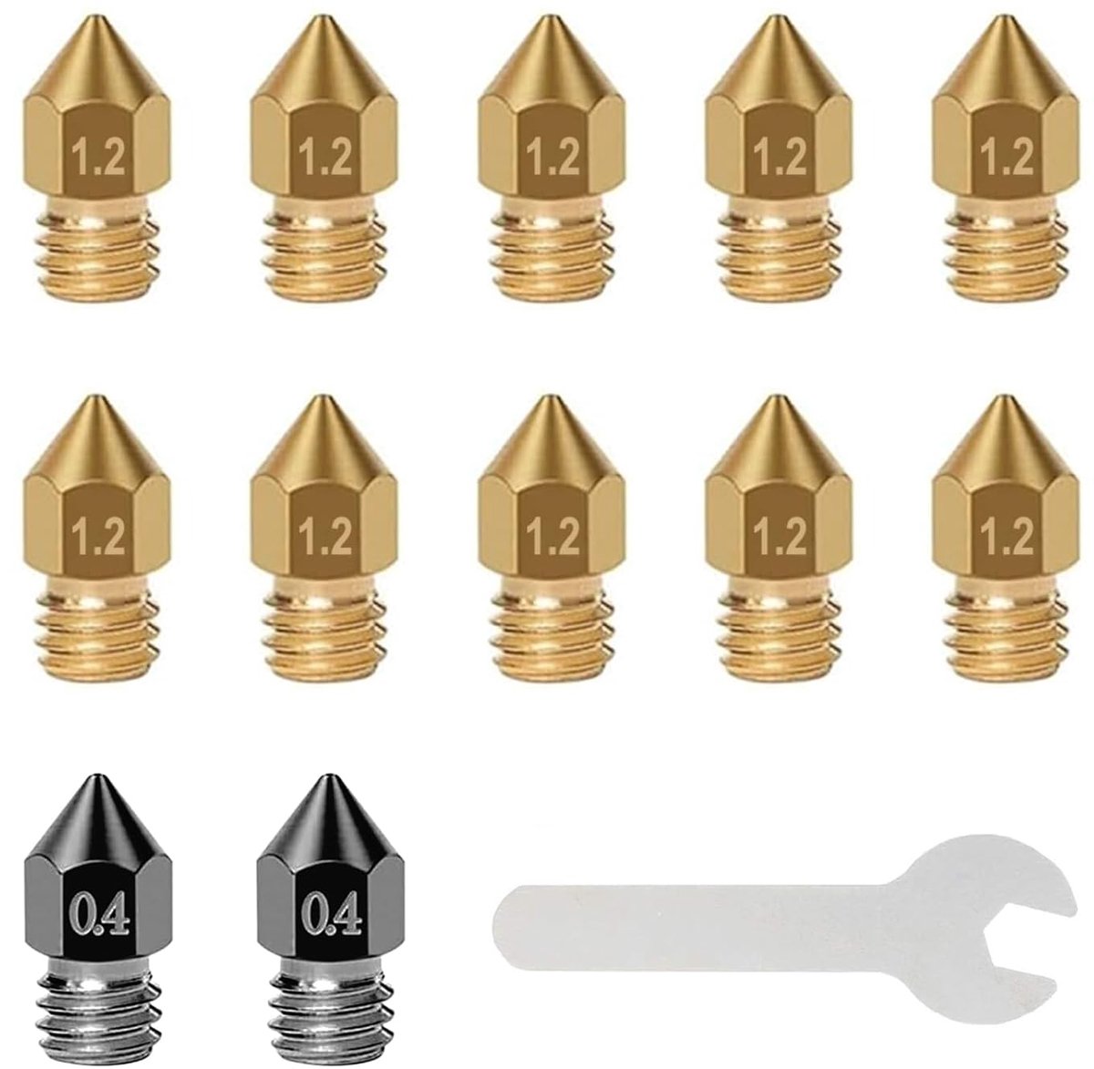 SnelShoppen - Pack van 12 MK8 3D Printer Nozzles 0.4 mm Hardstalen + 10 Brass Nozzles 1.2 mm + Sleutel voor Anycubic Mega/Creality CR-10/Ender