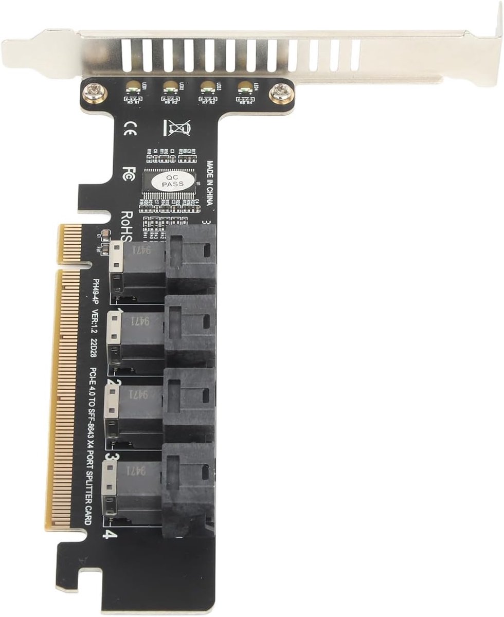 SnelShoppen - PCIE X16 Naar 4 Poort U.2 Adapter Kaart, PCIE X16 Naar U.2 NVME SFF 8643 SFF 8639 PCIE Split Uitbreidingskaart, Ondersteunt PCIe 4.0, Ge