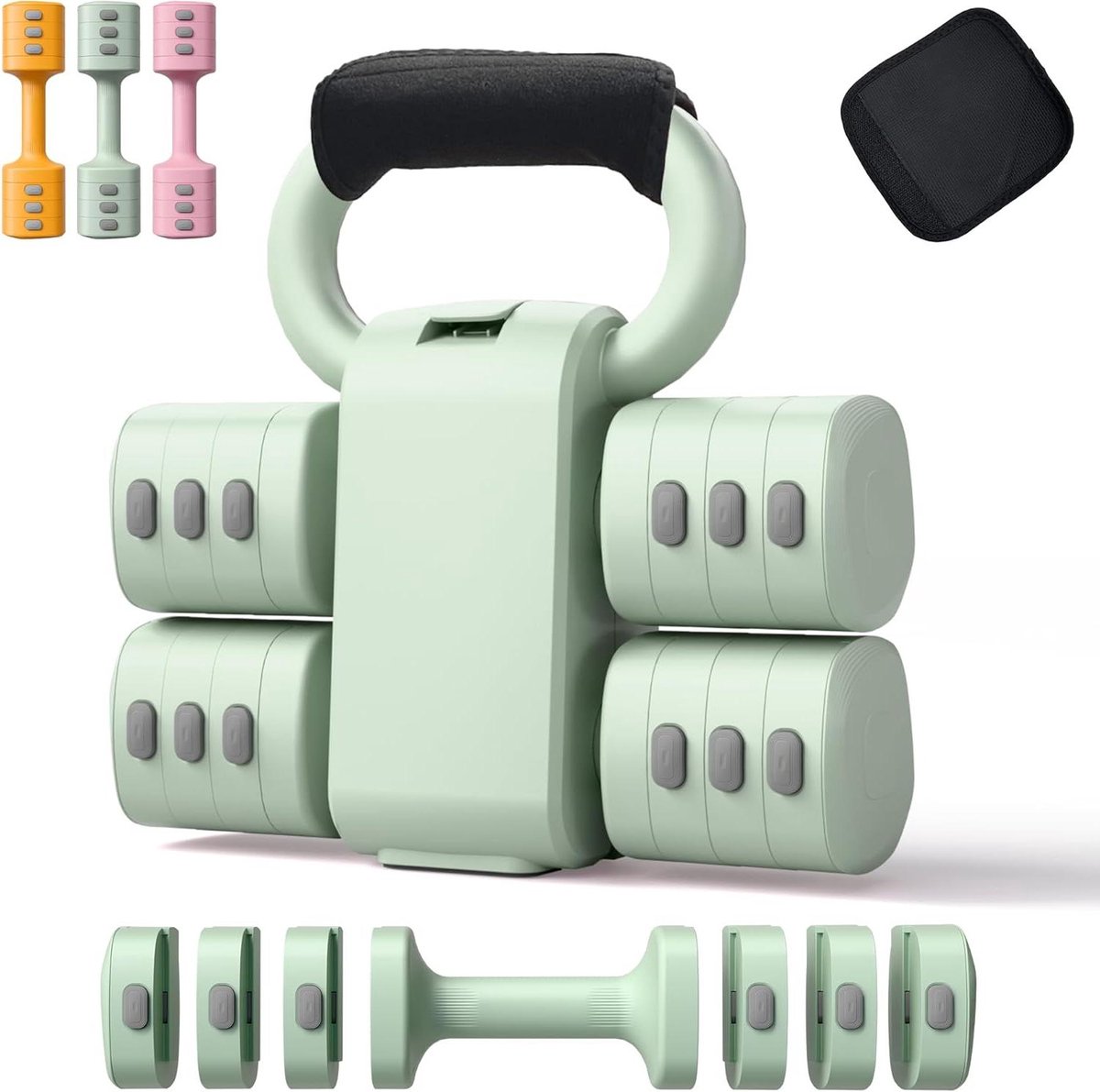 Verstelbare Halterset - Dumbbell Kettlebell - Thuis Krachttraining - Twee-in-één Systeem - 22 tot 55 kg - Groen