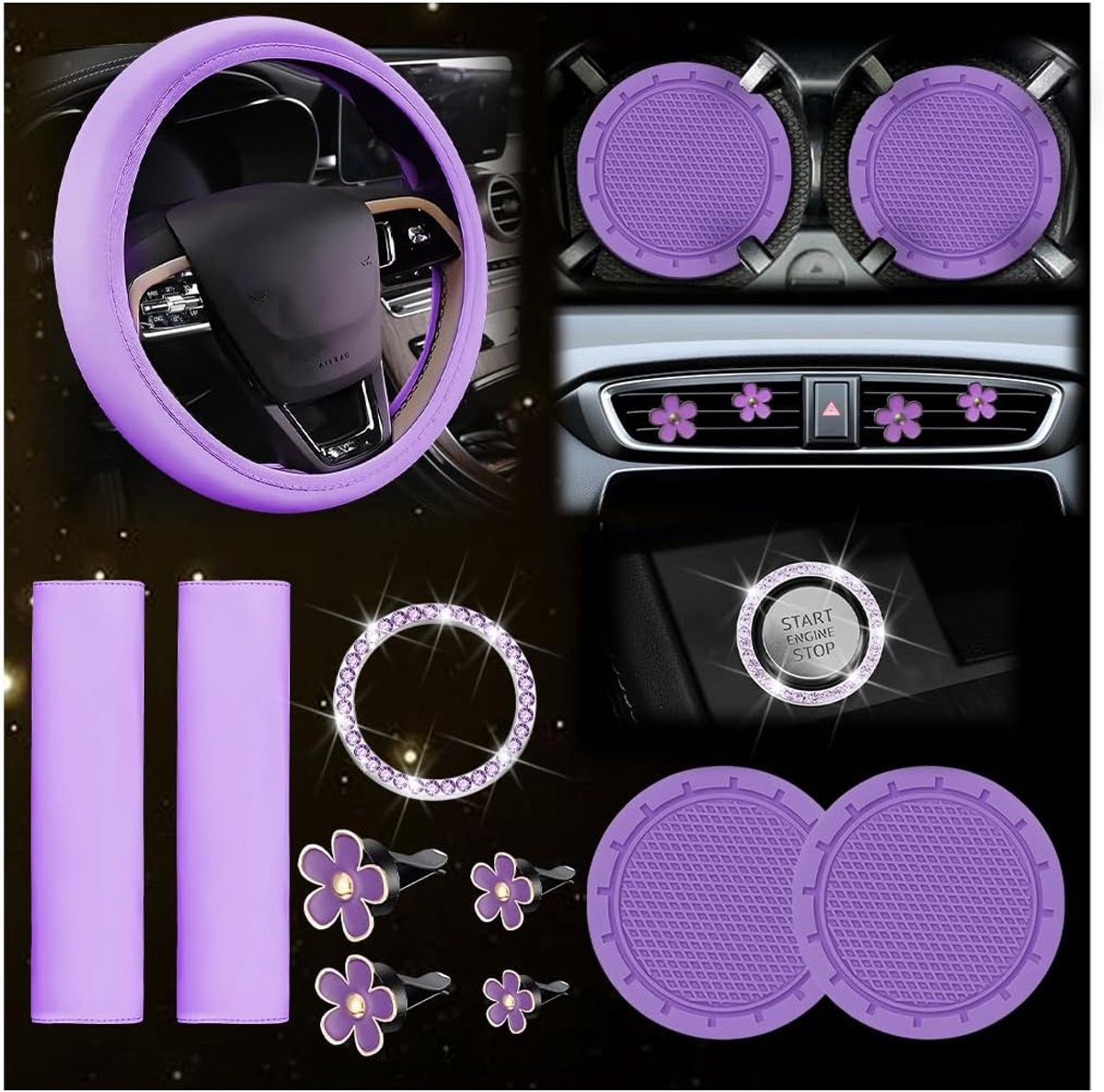 SnelShoppen - 10 Stuks Stuurwielhoezen voor Vrouwen, Schattige Auto Accessoires Set met Veilige Gordel, Schouderkussens, Drinkhouders, Paars voor Vrou