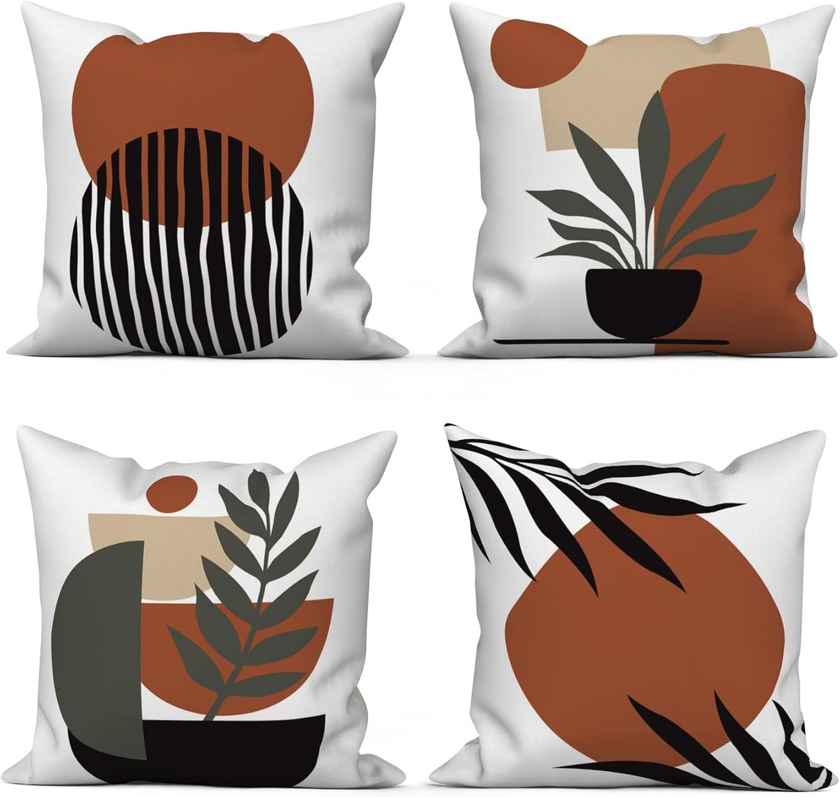 SnelShoppen - Boho Set van 4 Decoratieve Kussenhoezen 40 x 40 cm Modern Abstract Zwarte Bladeren en Zon op Wit, Wasbare Polyester Flax Textiel voor Ba