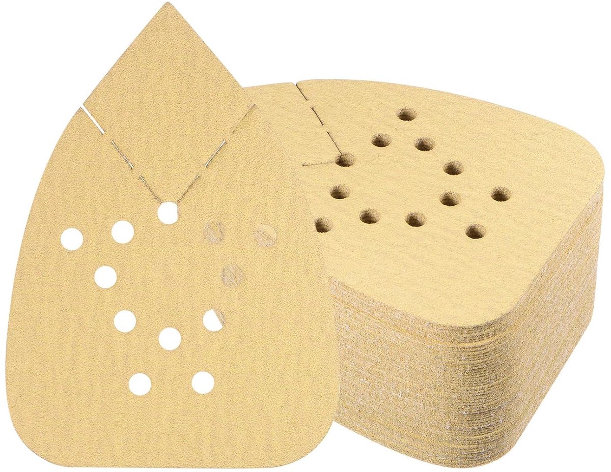 SnelShoppen - 50 stuks schuurpapier voor details muis, korrel 100, 9 x 13 cm, driehoekig met haken, voor polijsten meubels van hout, 12 gaten, alumini