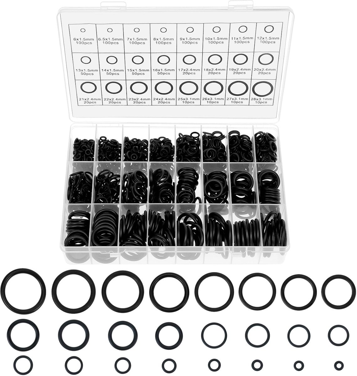 SnelShoppen - Assortiment Nitrile O-Ringen 1200pcs - Zwarte Waterdichte Sealing Ringen in 24 Maten (Diameter 6-28mm) voor Sanitair, Airconditioning, A