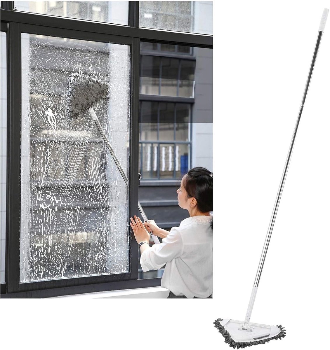 SnelShoppen - 360 Graden Rotatable Verstelbare Driehoekige Dieptereinigingsmop Ramenreiniger Afneembare Steel Vloer Plafond Muur Glas Wisser Schoonmaa