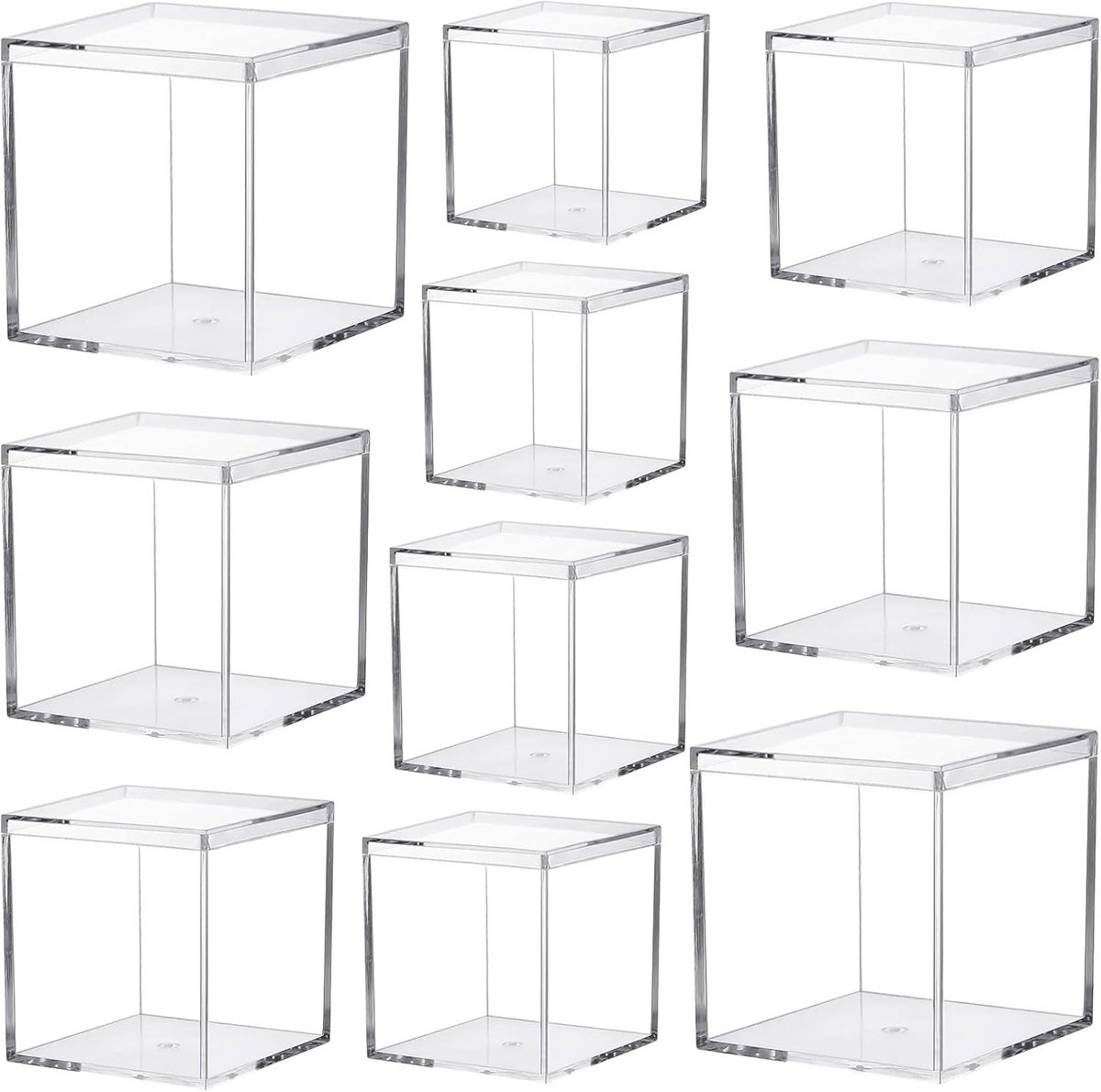 Set van 10 Transparante Acrylaatdozen met Deksel voor Sieraden, Opslag en Cadeaus, Afmetingen 4.5/6.5/6.5/8.5cm