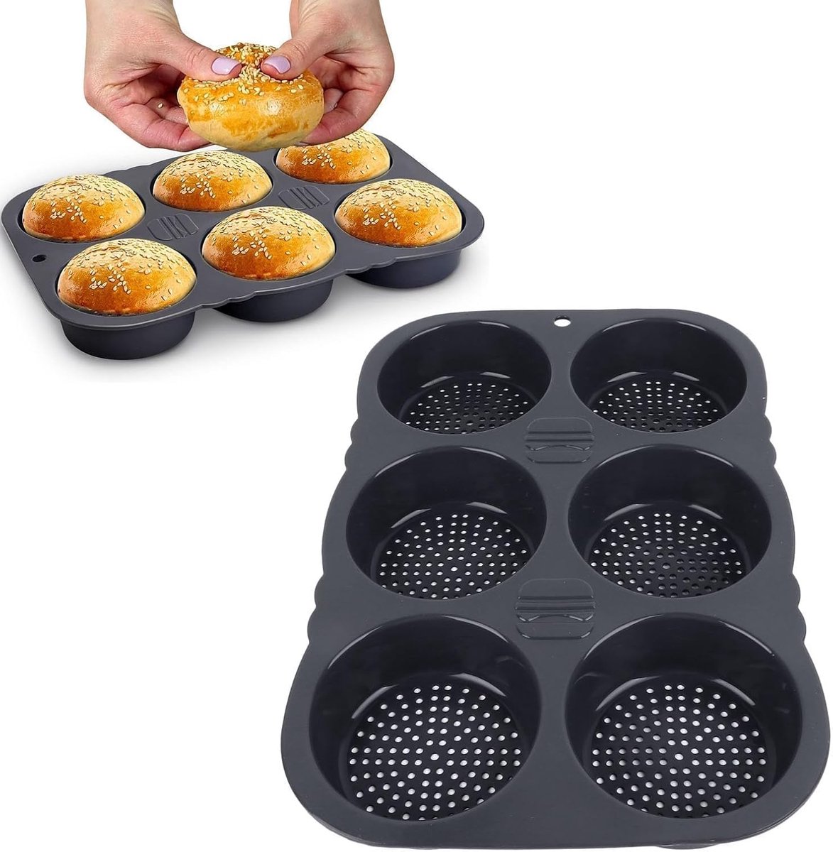 SnelShoppen - 6 Cavity Hamburger Broodvorm, Ronde Bakvorm, Siliconen Hamburger Broodjes, Bakplaat voor Huisgemaakte Hamburger Broodjes, Hittebestendig