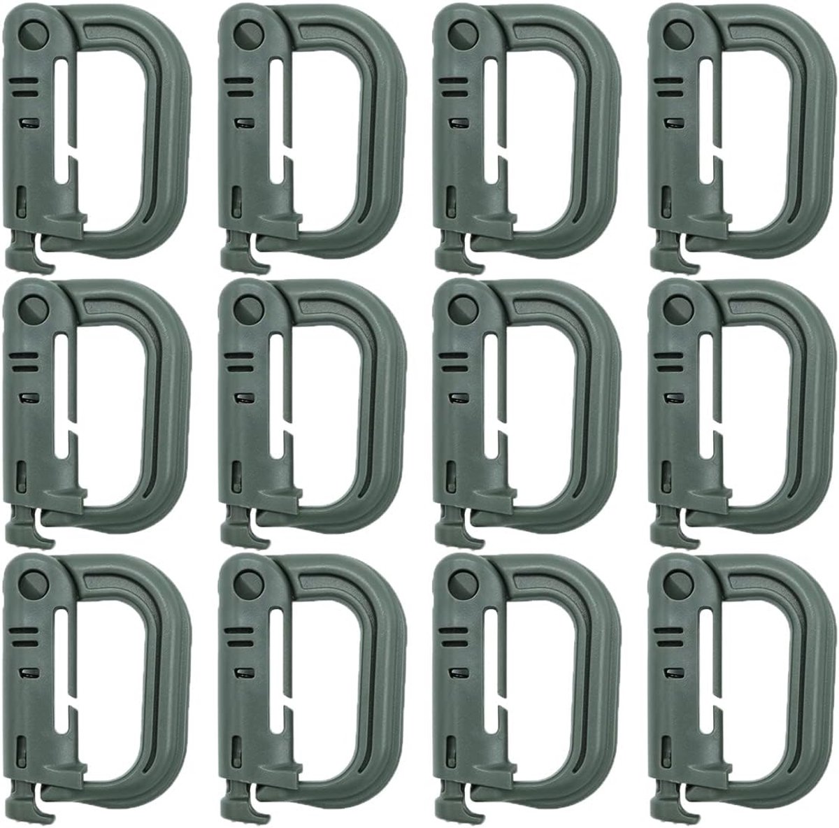 SnelShoppen - Pack van 12 D-vormige Carabiners, Molle Accessoires, Kunststof Haakjes voor Sleutels, Drinkflessen, Rugzakken, tot 10 kg, Ideaal voor Ka