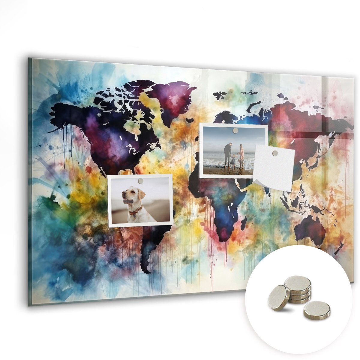 Coloray Glazen Magneetbord - Magnetisch Bord Aquarelkaart - 60x40 cm - Veelkleurig Magneetbord - Magnetic Board - Magneetbord Design
