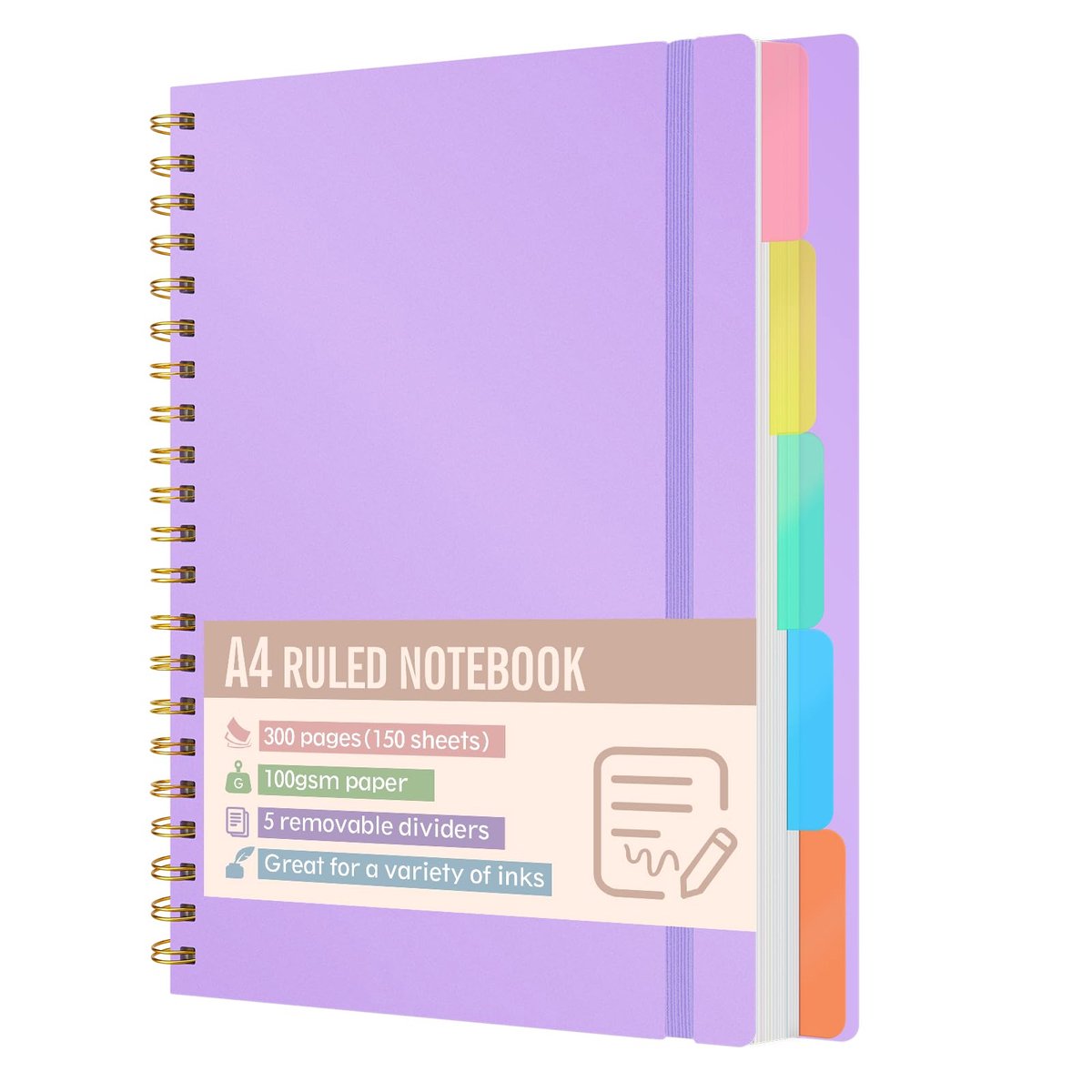 SnelShoppen - A4 notitieboek gelinieerd met 300 pagina's 100 g/m² papier, hardcover spiraalbinding, 5 uitneembare scheidingsbladen voor studie, kantoo