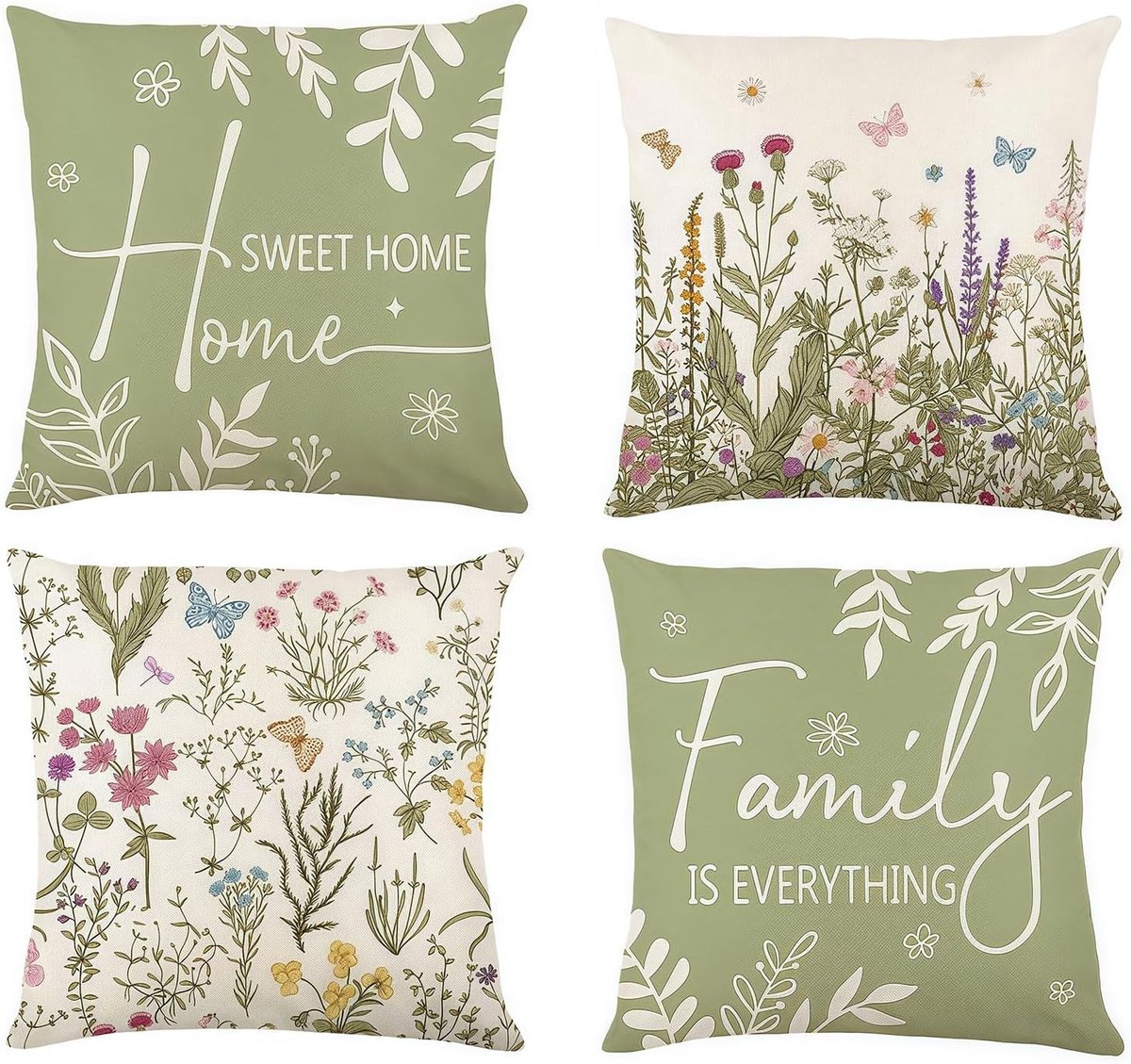 Kussenhoezen 45x45 cm in saliegroen linnen met wilde planten ontwerp, decoratieve kussens voor woonkamer, slaapkamer en zomer, wasbaar en stijlvol
