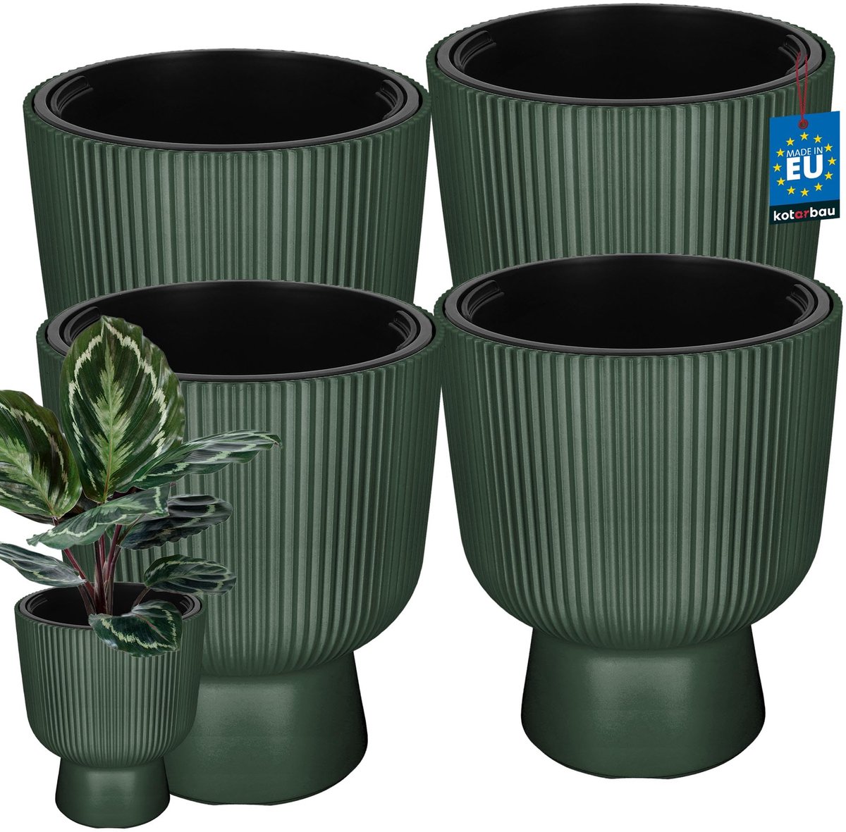 KOTARBAU® 4 Stuks - Bloempot - Plantenpot Ø 29 cm - met Binnenpot - Geribbelde Plantenbak - Plantenpot met Voet - Plantenbak - Kunststof - H: 36 cm - Groen
