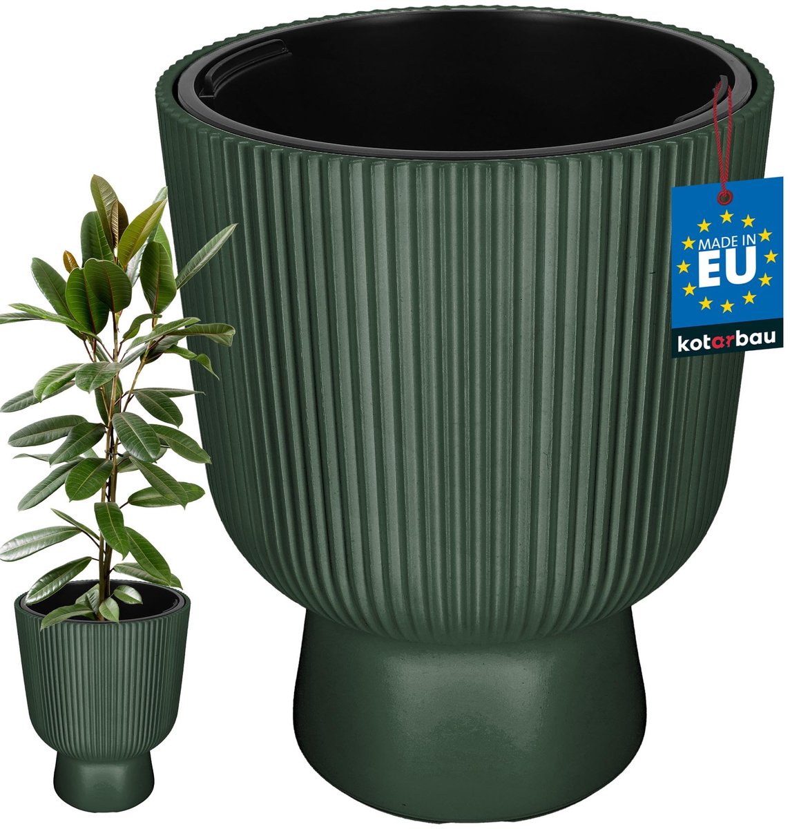 KOTARBAU® Bloempot - Plantenpot Ø 39 cm - met Binnenpot - Geribbelde Plantenbak - Plantenpot met Voet - Plantenbak - Kunststof - H: 49 cm - Groen