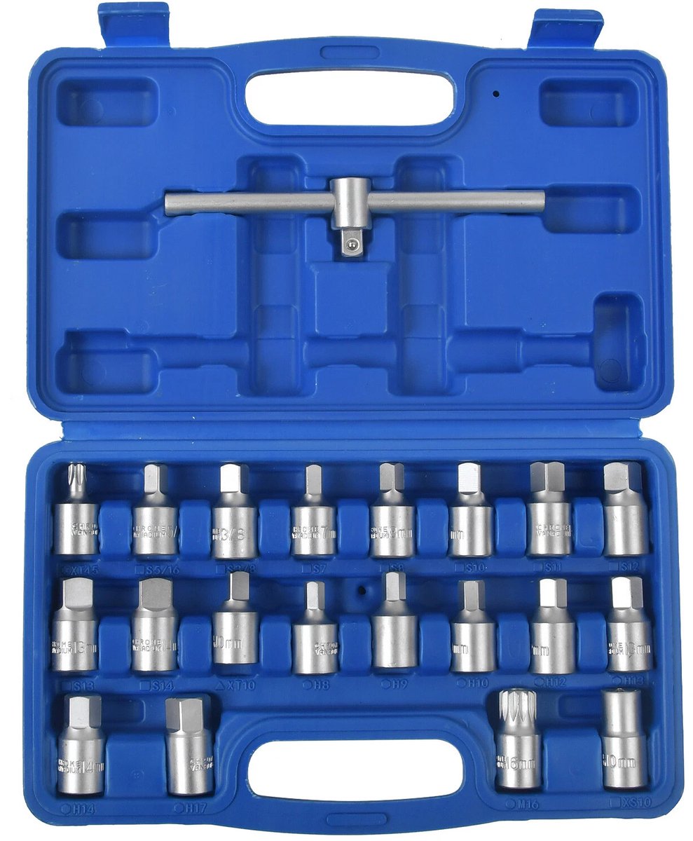 Olieverversingssleutelset – 21-delig - Carterpangereedschap - Olieaftapgereedschap - Carterpanplugsleutel - 3/8 inch - 8–17 mm - CR-V gelegeerd staal - Verpakt in een blauwe plastic doos