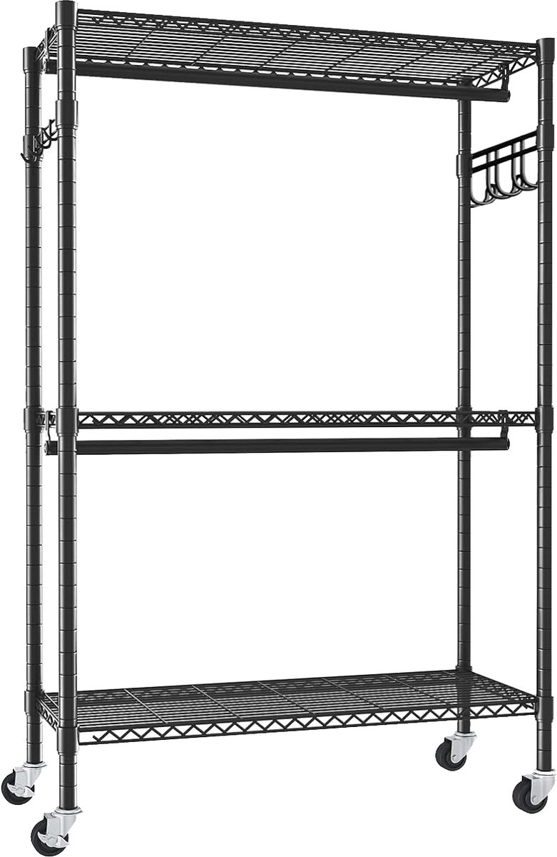 OKWISH Kledingrek Verstelbaar 90 x 43,5 x 180 cm Staal Zwart Met 2 Stangen, 3 Lagen, Haken En Wielen Voor Slaapkamer En Wasruimte