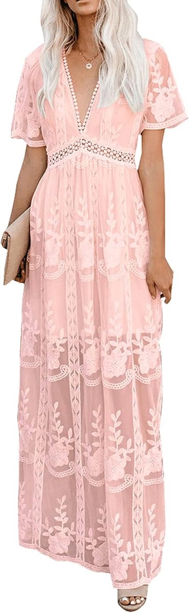 amropi Women's Elegant Deep V Neck Maxi Dress Long Bridesmaid Lace Dress S-XL, pink, L - ShopVlot