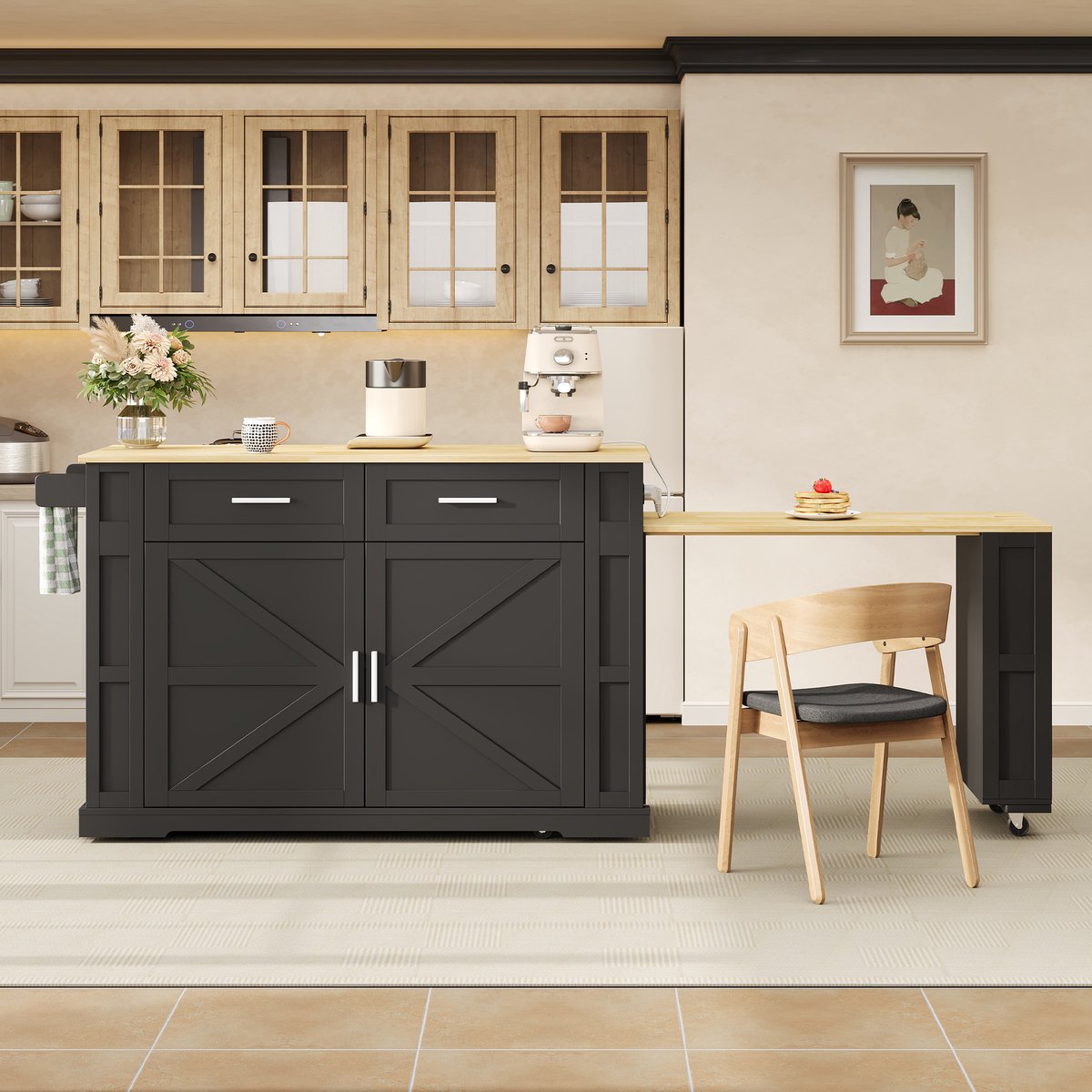 VVBV Keukentrolley 130x50x93 cm - Op Wielen, Werkblad, Opbergruimte, USB-Aansluiting - Zwart/Naturel, MDF