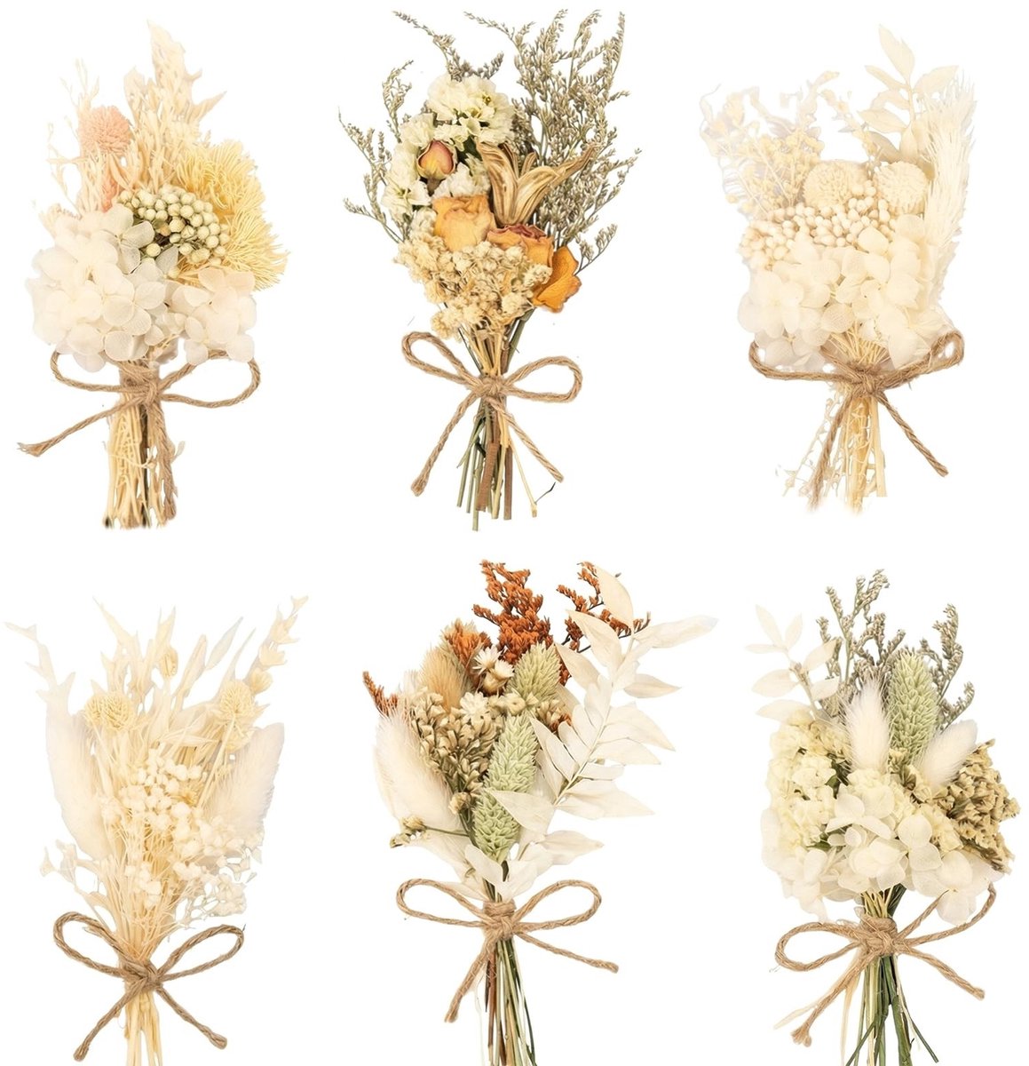 Solidchoice - 6 Stuks Mini-Droogbloemenboeketten (15 cm) voor Decoratie, Bruiloft en Cadeau, Wit en Geel