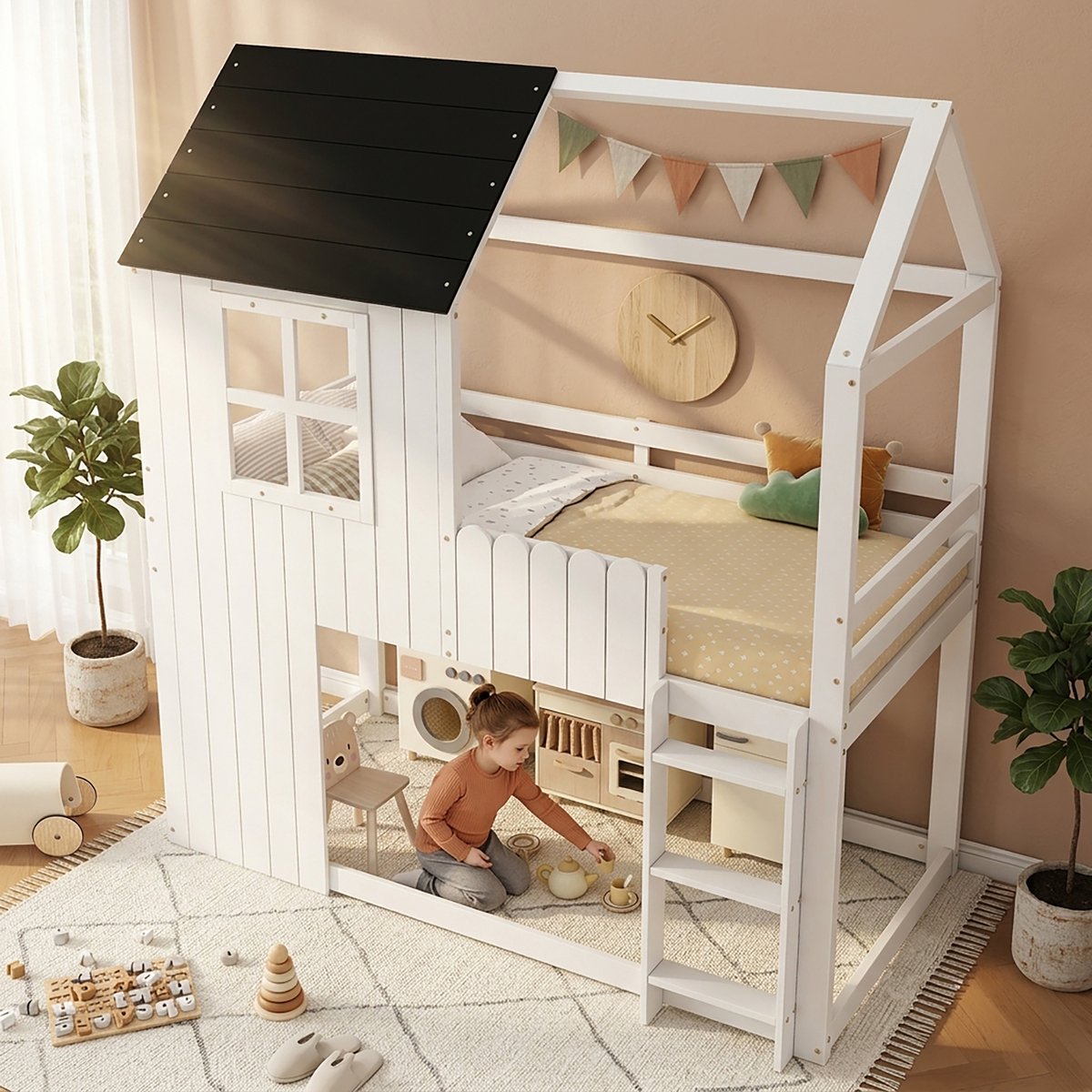 Hoogslaper 90x200 cm - kinderbed - prachtig raam - huisvormig - drie treden trap - omheining rondom - wit en zwart - zonder matras