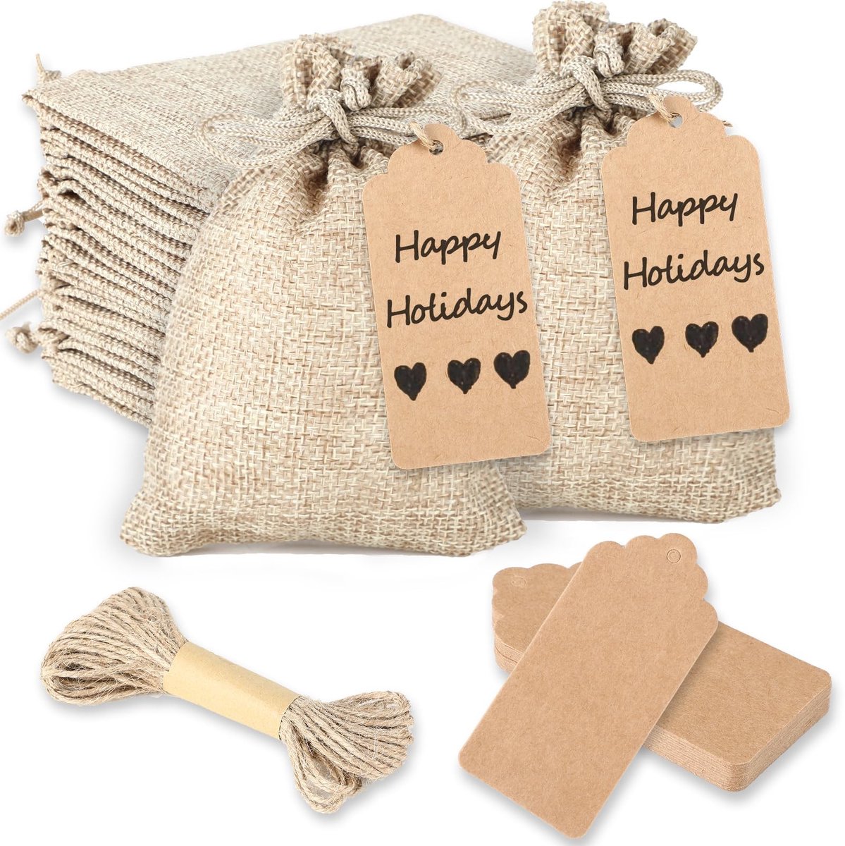 Solidchoice - Set van 25 Herbruikbare Jute Cadeautassen met Label