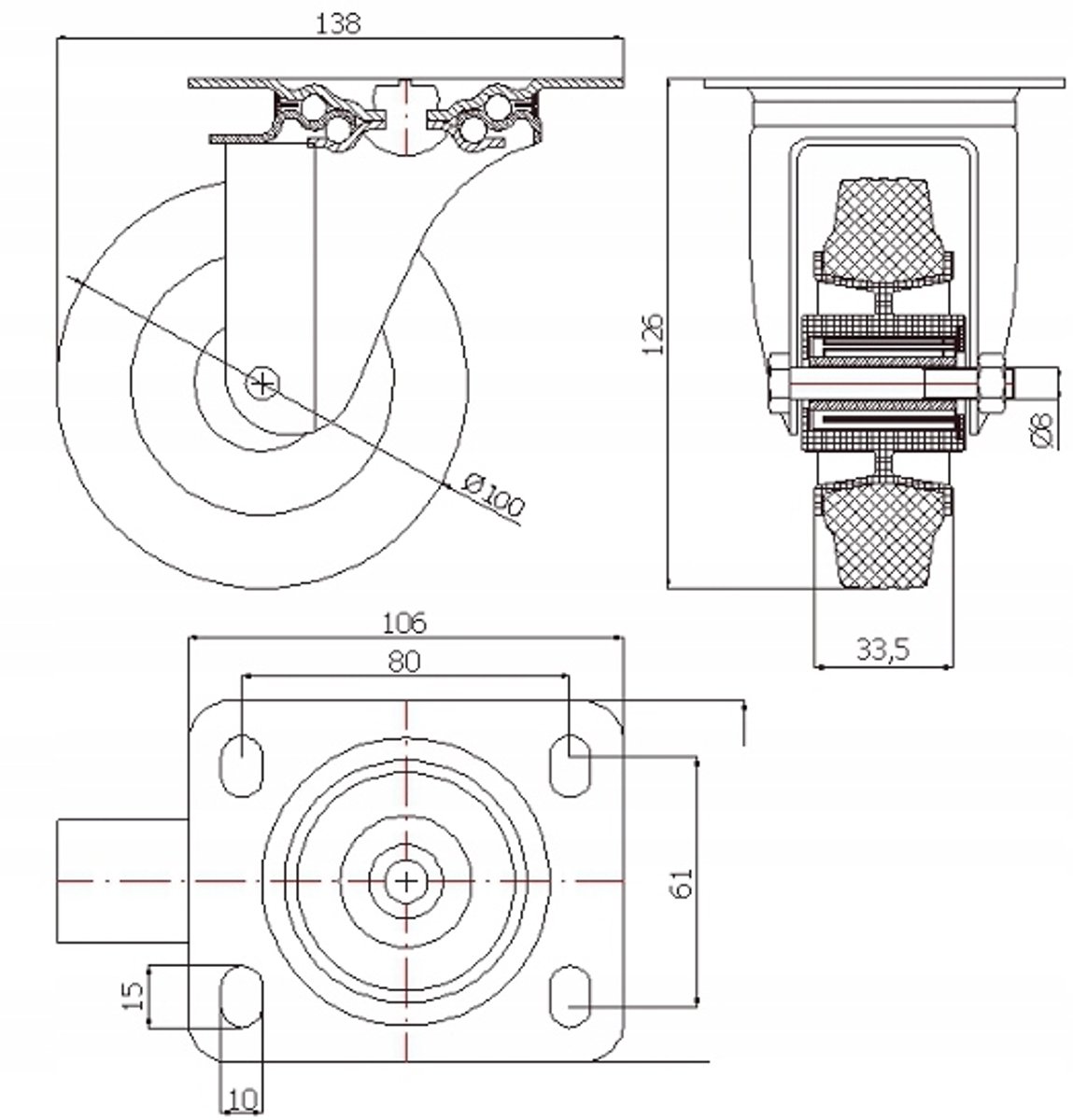 Zwenkbaar Wiel 100mm Kunststof-Rubber 60kg