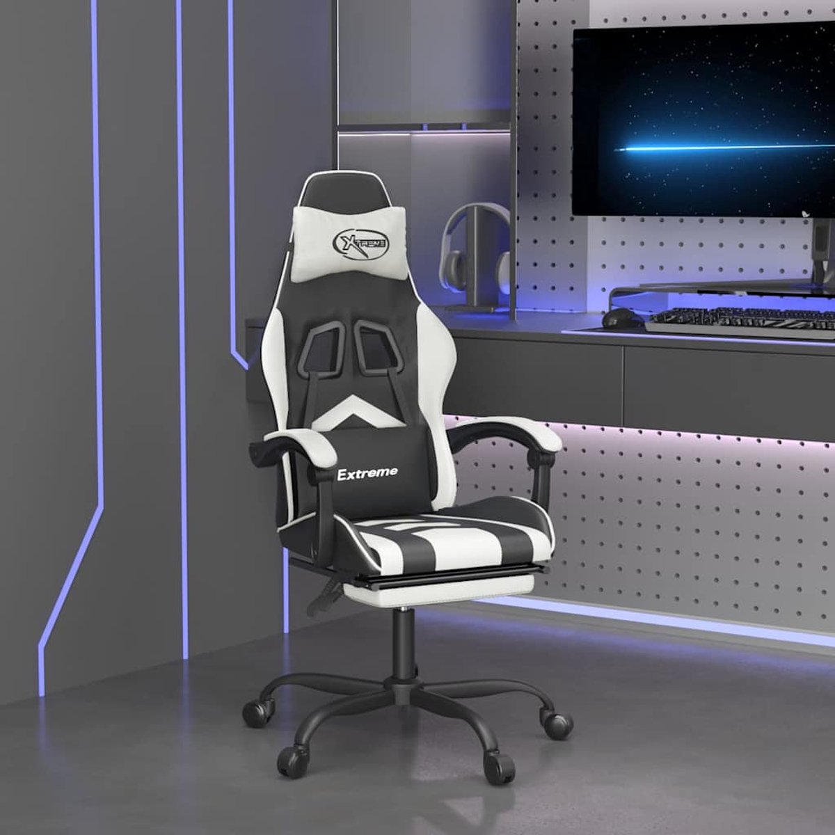 vidaXL Gamestoel - met - voetensteun - kunstleer - zwart - en - wit zwart en wit