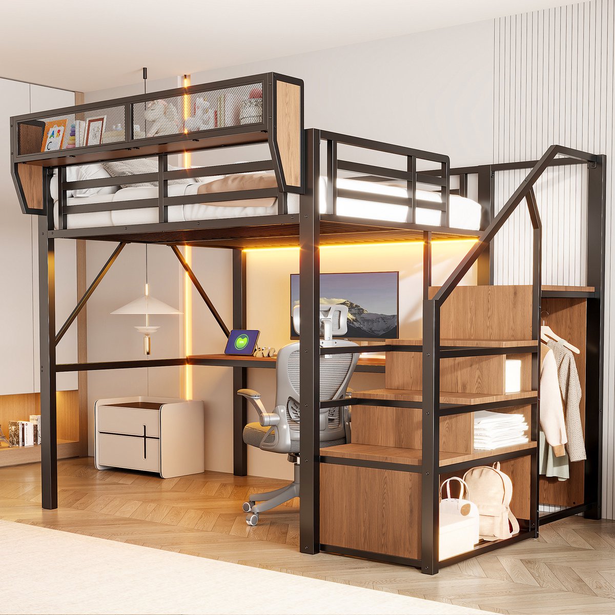 STILVORA Hoogslaper 140 x 200 cm – Hoogslaper Met LED-verlichting, Bureau En Veiligheidsladder – Opbergruimte En Planken – Voor Volwassenen En Kinderen – MDF En Metaal – Zwart – Zonder matras