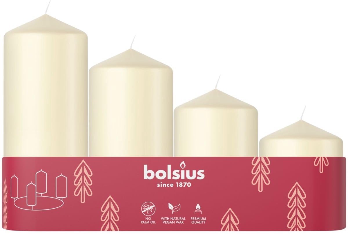 Set van 4 gladde stompkaarsen in ivoor - verschillende maten voor adventstijd - ongeparfumeerd en duurzaam