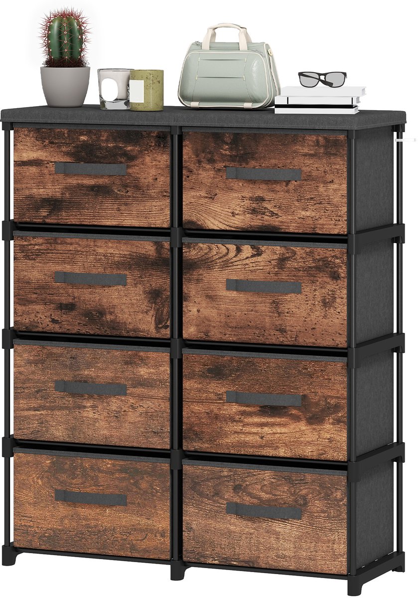 ECTEATOY® Ladekast met 8 Laden - Stoffen Commode met Metalen Frame - Industrieel Dressoir voor Slaapkamer - 84,5x30,5x100 cm - Bruin