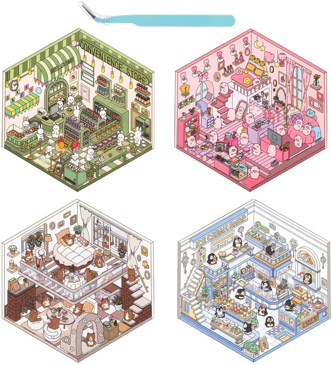 Solidchoice - 4 Sets DIY 3D Stickers met Miniatuur Scènes