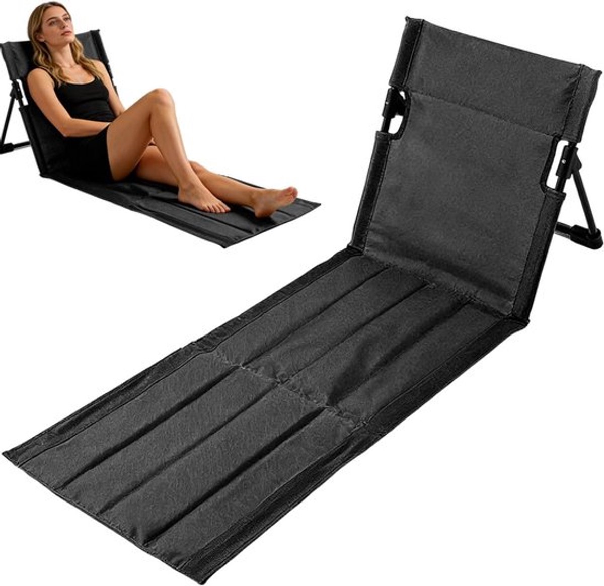 Opvouwbare strandmat met rugleuning, camping- tuinligstoel, draagbaar met schouderriem voor strand, balkon, terras, zwart
