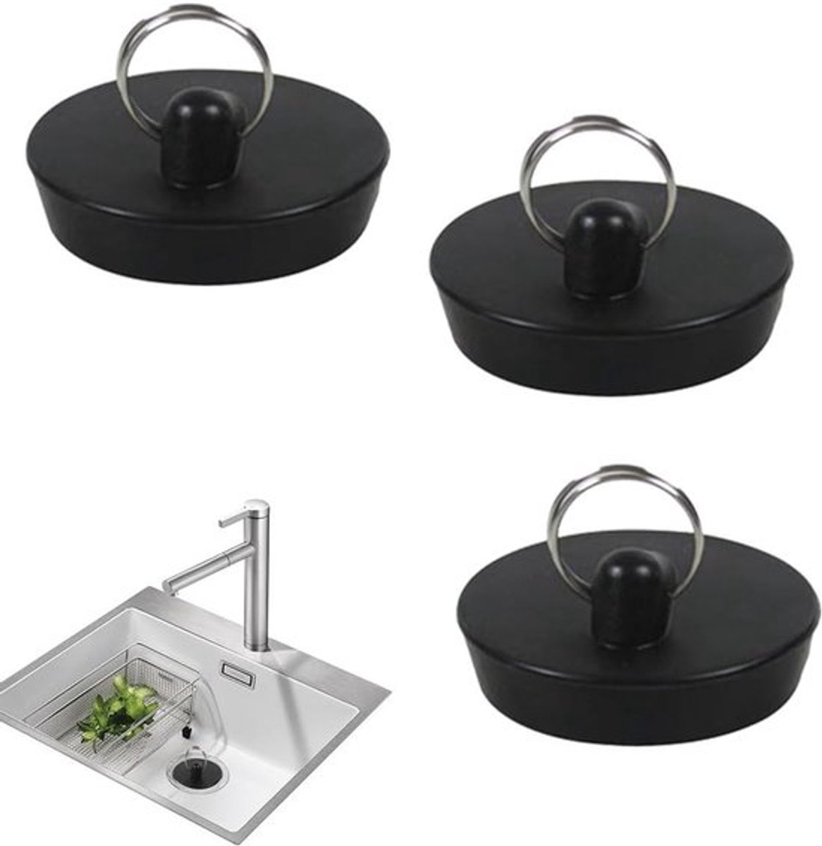 Set van 3 Rubber Stoppen voor Afvoer, Geschikt voor Keuken en Badkamer, Ideaal voor Wasbakken en Badkuipen met Haak