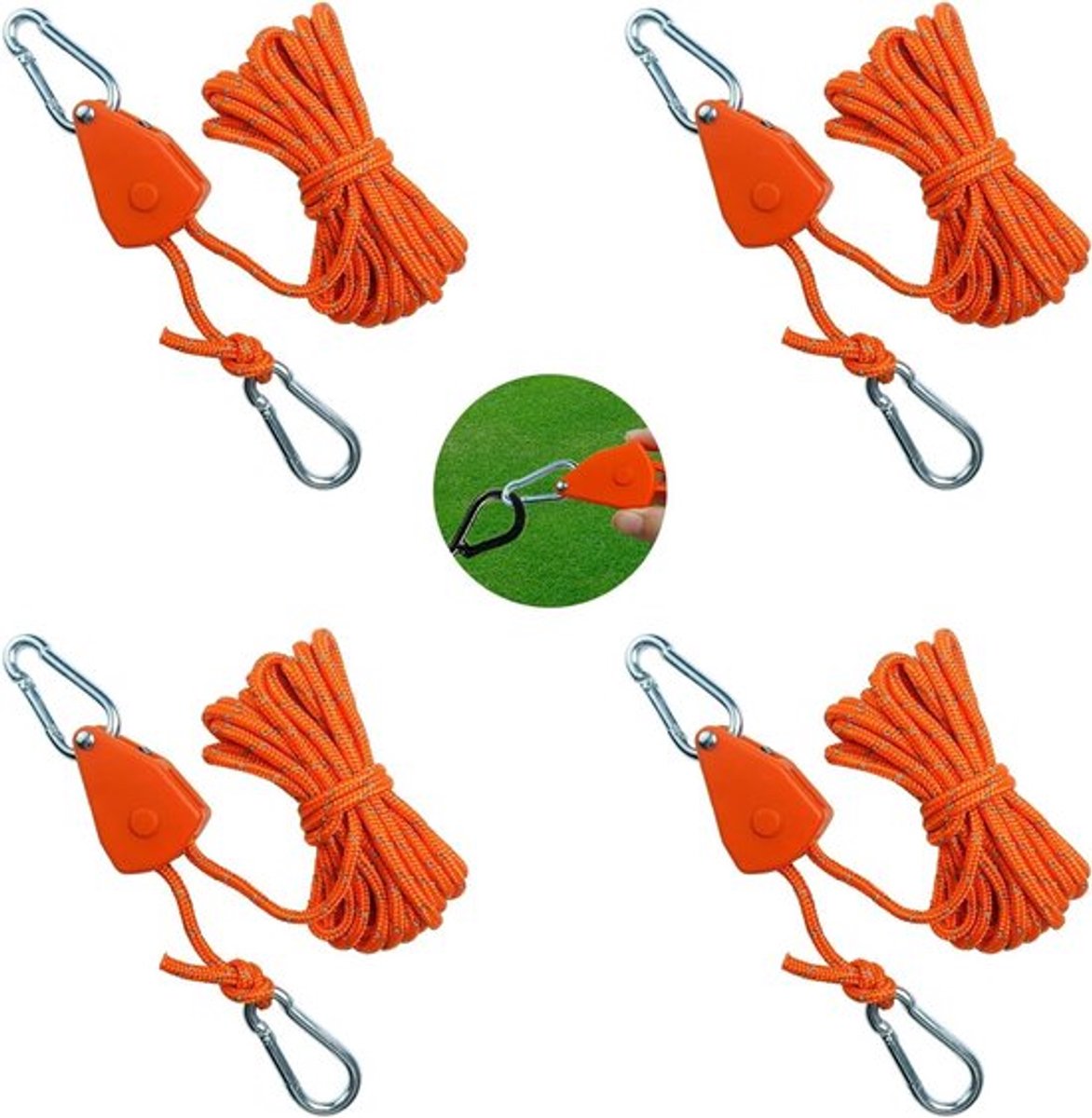 4 Stuks 4m Kabel Ratchet Zonnedoek, Reflecterende Touw met Haken, Verstelbare Tensioner voor Zonnescherm en Waslijn met Duurzame Nylon Koord