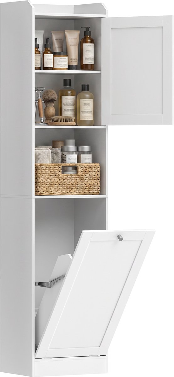 ECTEATOY® Hoge Badkamerkast - Met Kantelbare Wasmand en Planken - Smalle Opbergkast - 40x30x170 cm - Wit