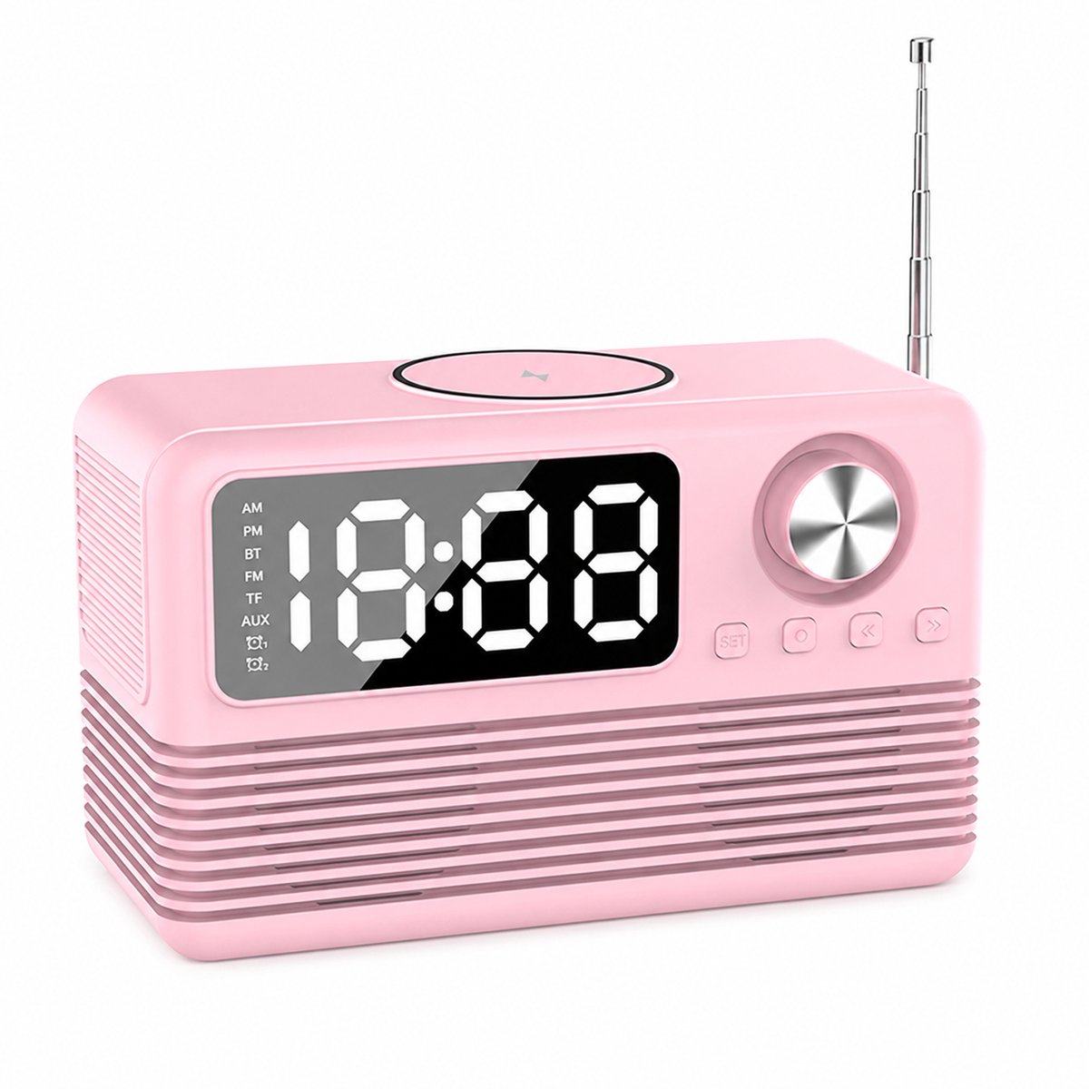 Bobypet - Digitale Wekker met 15W Draadloze Oplader - Bluetooth 5.3 Speaker en FM Radio - Dubbel Alarm met Snooze en Dimbaar LED Scherm - Oplaadbare Radioweekker voor Slaapkamer en Kantoor - Roze