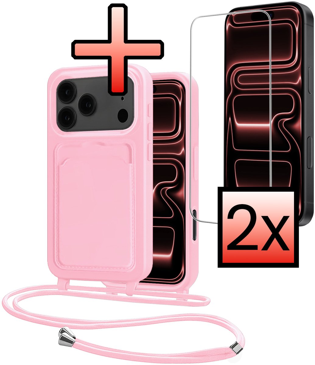 Hoes Geschikt voor iPhone 18 Pro Met Telefoonkoord Met 2x Screenprotector - Siliconen Hoesje Backcover Met Ketting - Lichtroze