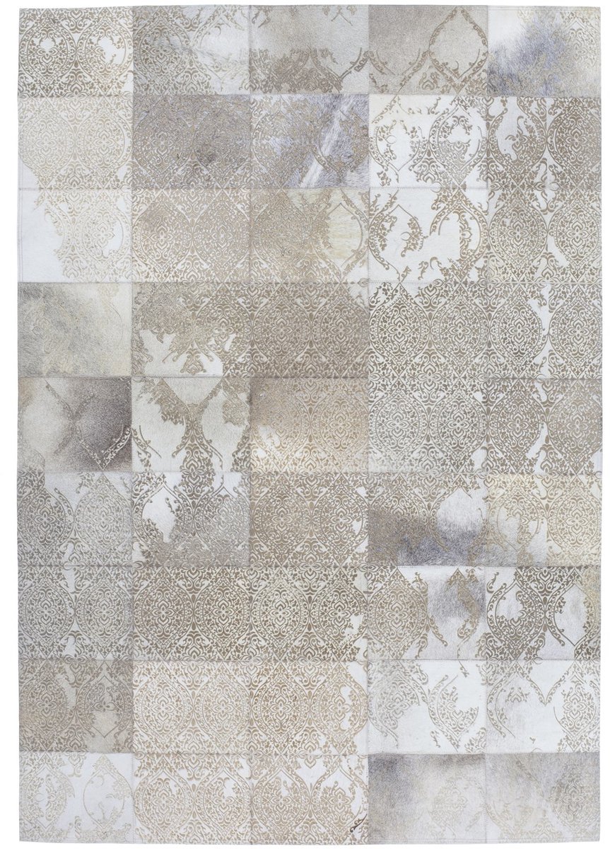 Padiro laagpolig vloerkleed 200 x 300 cm - zilver - oosters vintage patchwork design - geschikt voor vloerverwarming - van leer en polyester