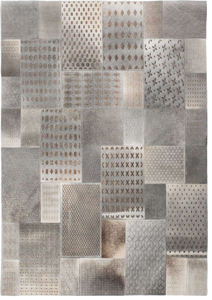 Padiro laagpolig vloerkleed 160 x 230 cm - grijs / zilver - vintage patchwork design - geometrisch patroon - handgemaakt - van leer