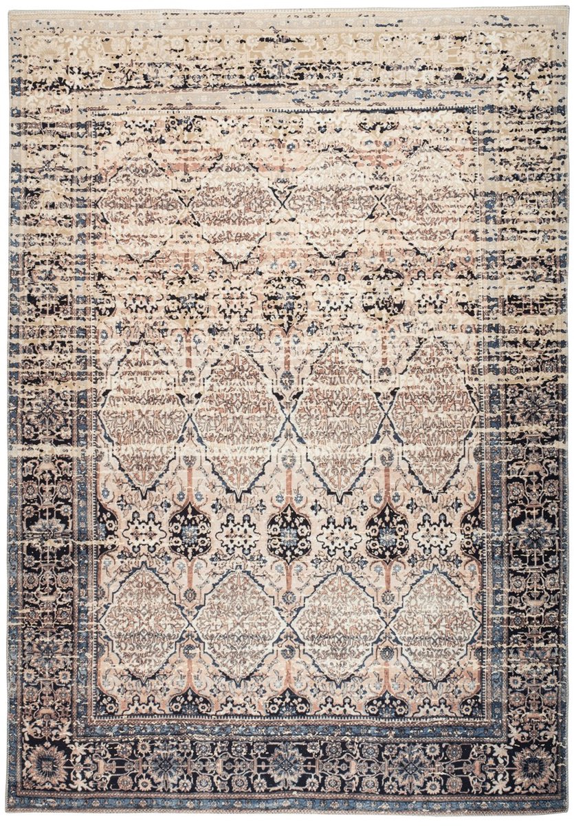 Padiro laagpolig vloerkleed 170 x 240 cm - beige / blauw - oosters vintage patroon - geschikt voor vloerverwarming - van polyester