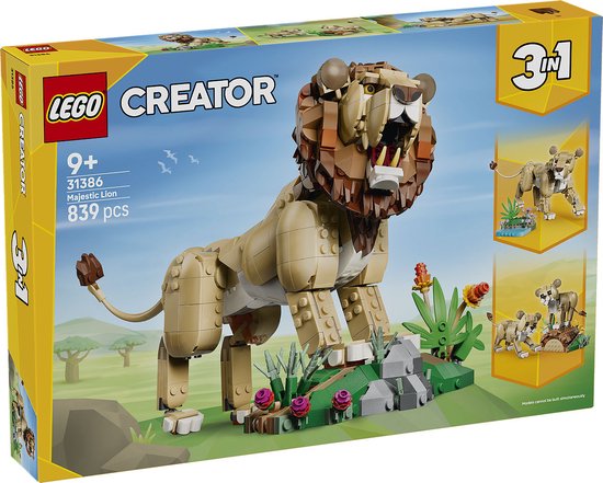 LEGO Creator 3in1 Majestueuze Leeuw speelgoed met leeuwenfiguur, planten en stenen.